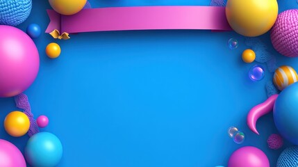 Colorful 3D spheres and ribbon border on blue background.
