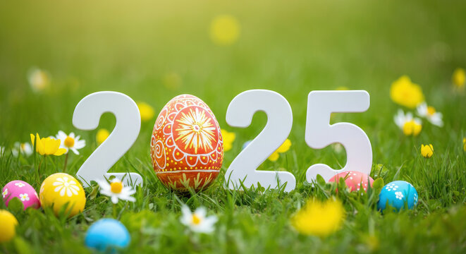 Colorful easter eggs and 2025 numbers on green grass with flowers.