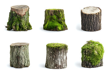Set of moss-covered old tree stumps isolated a white background