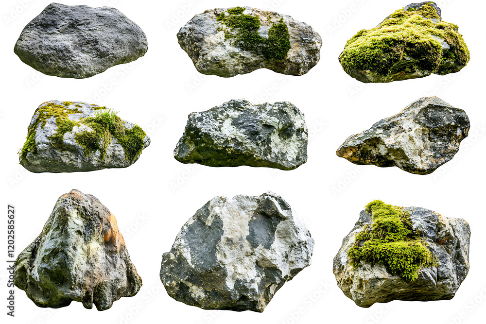 Poster set of moss-covered rocks in natural settings isolated a white background