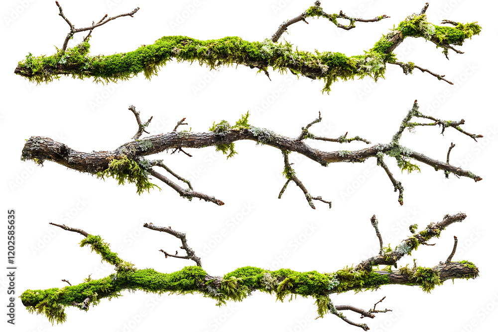 Poster set of moss-covered tree branches isolated a white background