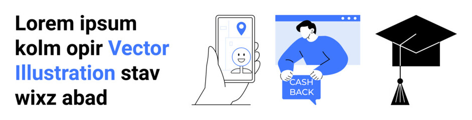 Hand holding smartphone with map pin, person holding cashback icon, graduation cap symbol. Ideal for mobile apps, cashback offers, education, advertisements, marketing, online tutorials, academic