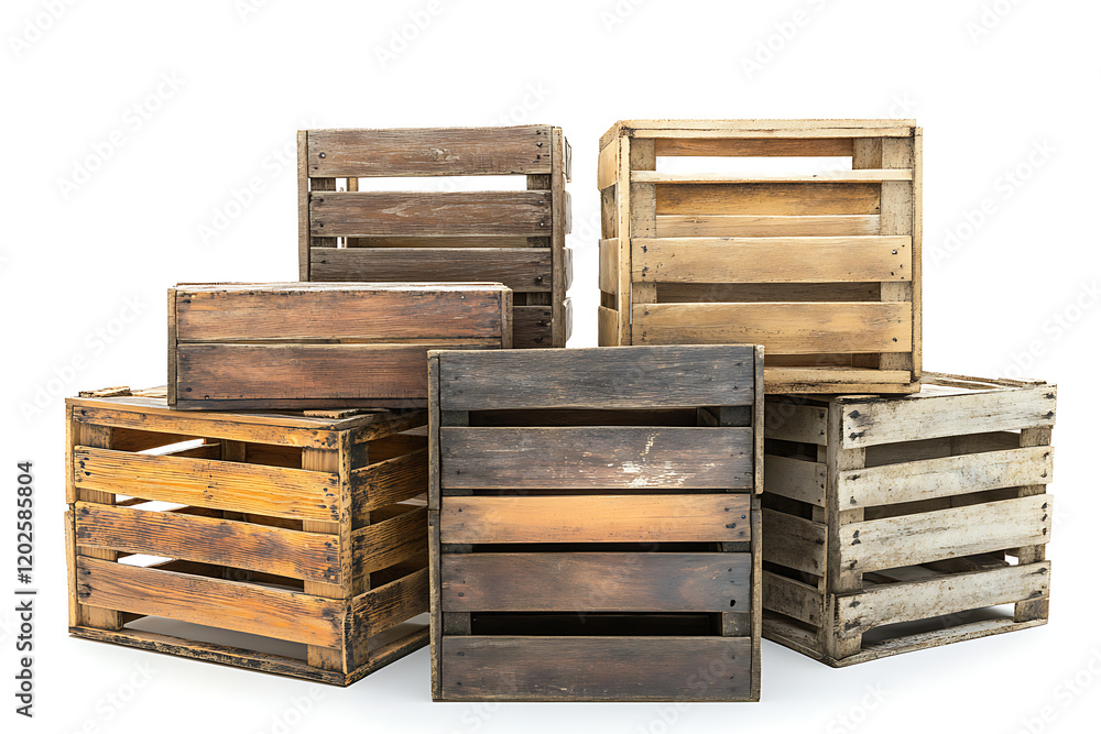 Poster set of old weathered wooden crate boxes isolated a white background