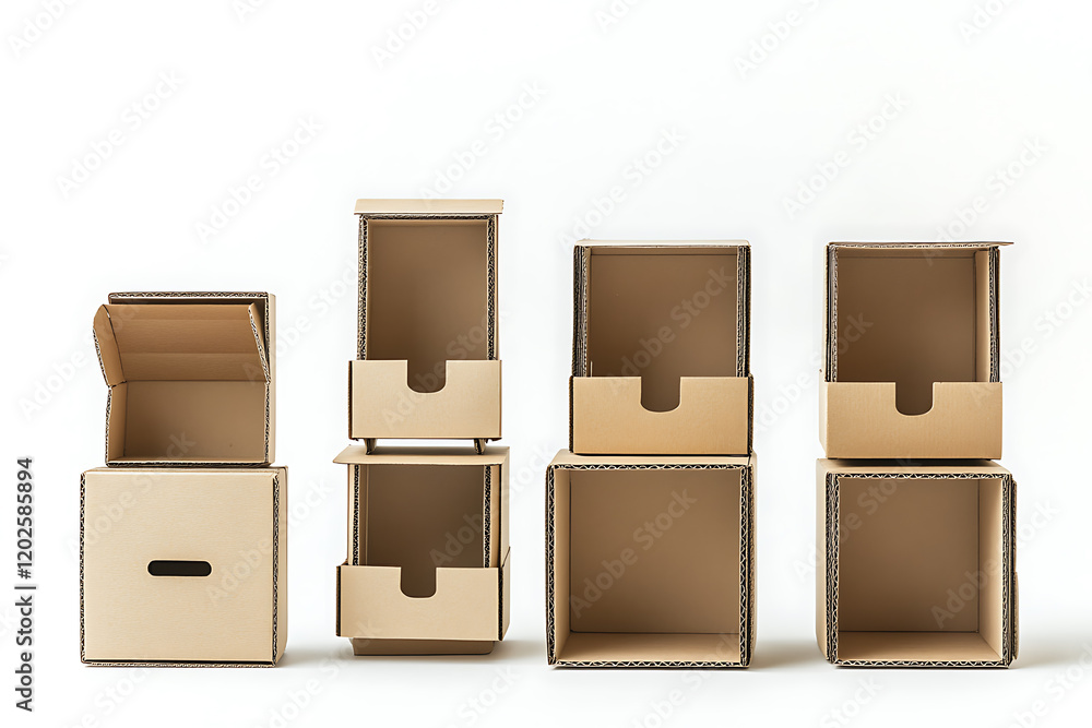 Poster Set of open empty cardboard boxes isolated a white background