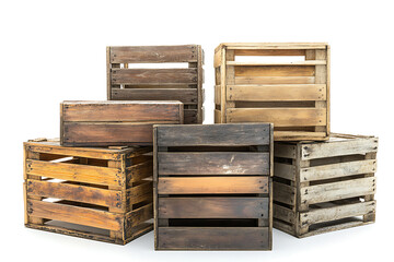 Set of old weathered wooden crate boxes isolated a white background