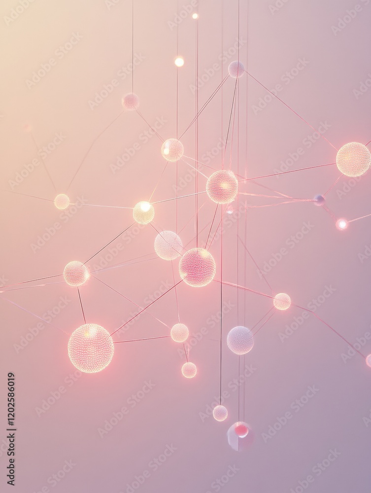 Fototapete Floating abstract spheres connected by delicate lines create a soft ethereal atmosphere in a calming color palette. Generative AI