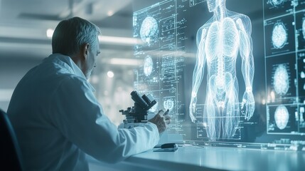 laboratoire dans un cadre clinique blanc. scientifique en arrière-plan utilisant la microscopie pour étudier des lames microscopiques. sensation futuriste. hologramme anatomique défocalisé