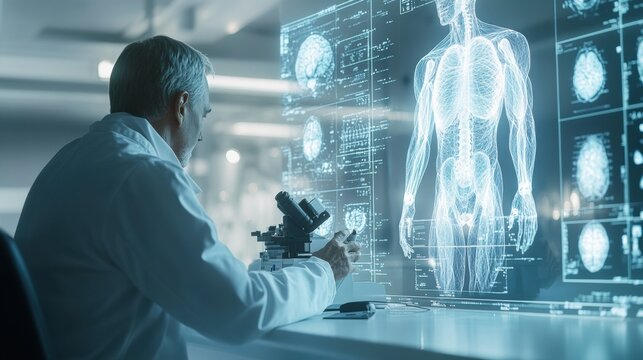 laboratoire dans un cadre clinique blanc. scientifique en arri&egrave;re-plan utilisant la microscopie pour &eacute;tudier des lames microscopiques. sensation futuriste. hologramme anatomique d&eacute;focalis&eacute;