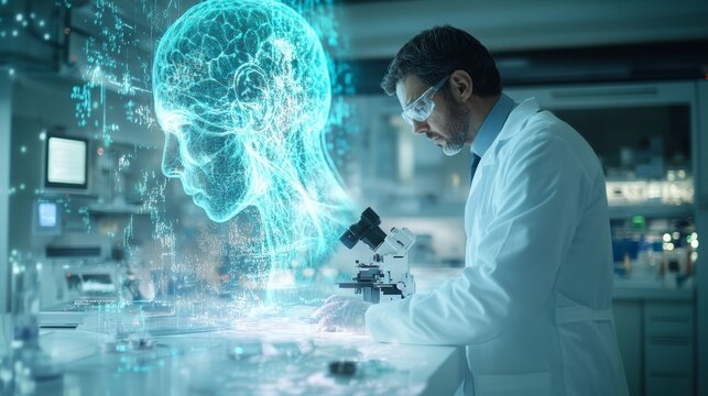 laboratoire dans un cadre clinique blanc. scientifique en arri&egrave;re-plan utilisant la microscopie pour &eacute;tudier des lames microscopiques. sensation futuriste. hologramme anatomique d&eacute;focalis&eacute;