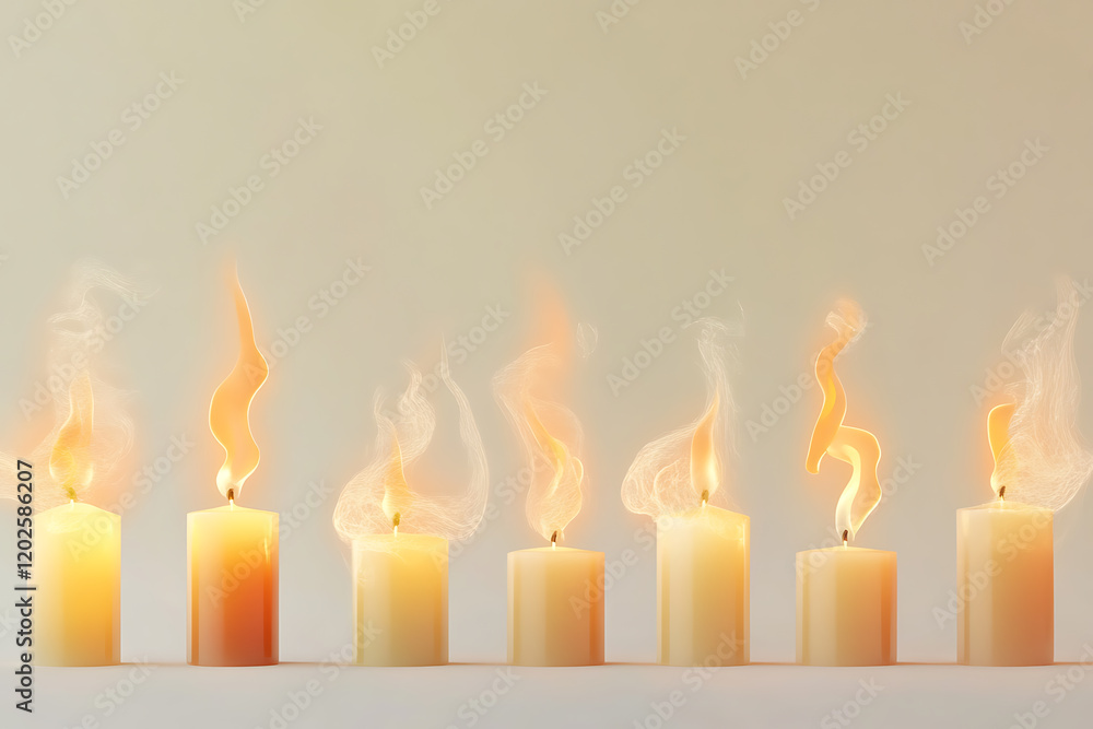 Poster set of pillar candles with flames illuminated isolated a white background