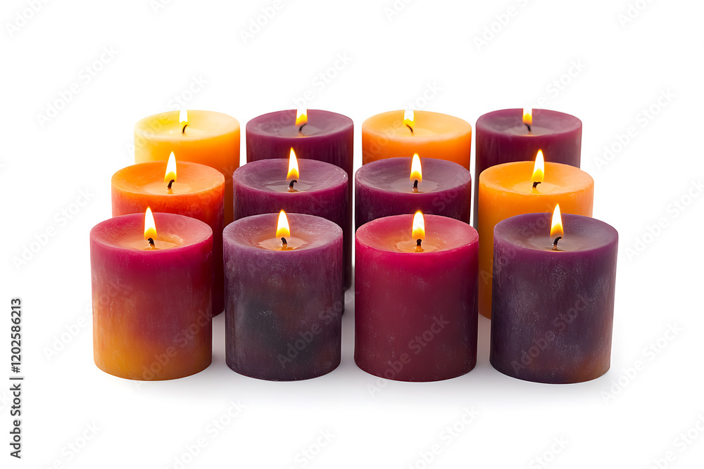Poster set of pillar candles with flames illuminated isolated a white background