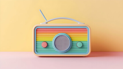 Fototapeta premium Colorful Retro Style Radio on Minimalist Pink and Yellow Background - Vintage Aesthetic Home Decor