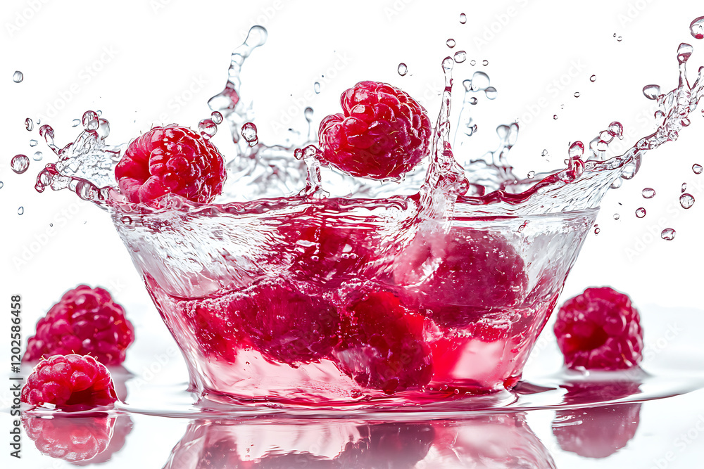 Poster raspberries in juice splash isolated a white background