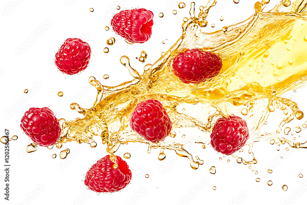 Poster raspberries in juice splash isolated a white background
