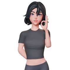 Portrait, half body 3D illustration of a sporty girl in black. showing ok hand gesture using her right hand. approve pose, Cute cartoon style.