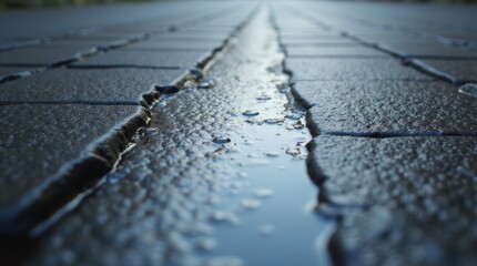 Obraz premium Wet pavement with a shiny, reflective surface showing soft lighting and rain droplets, perfect for urban, moody, and reflective concepts