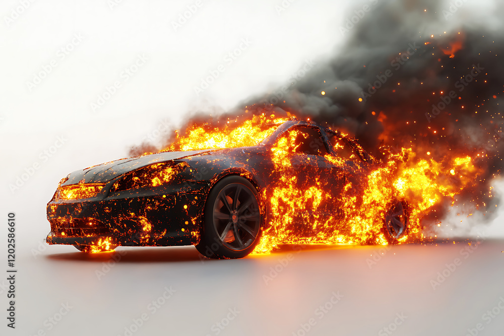 Leinwandbilder realistic 3d render of a car exploding in flames and smoke isolated a white background