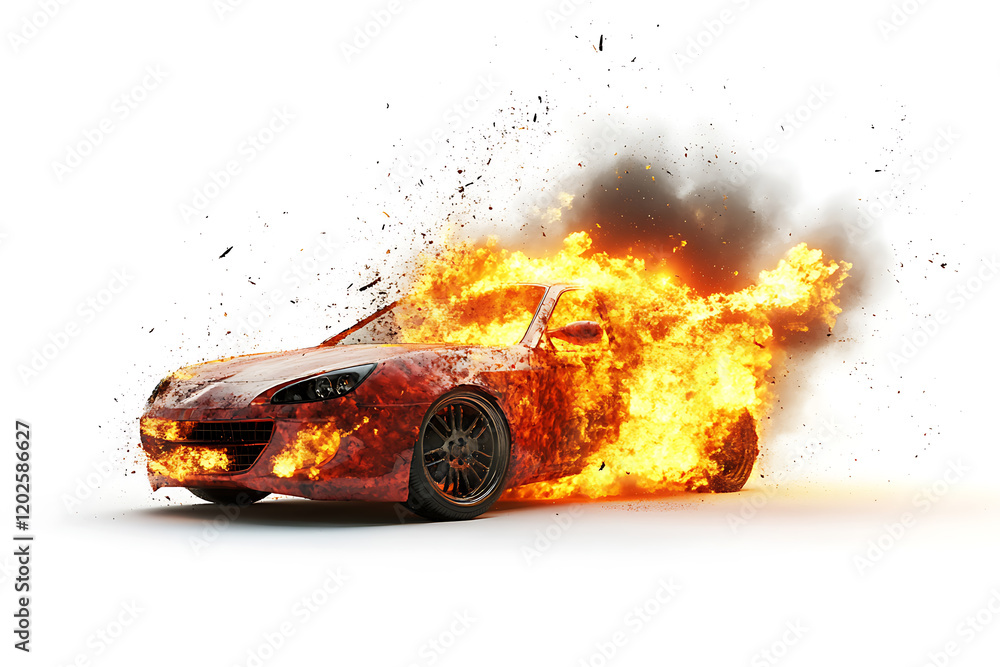 Poster Realistic 3d render of a car exploding in flames and smoke isolated a white background