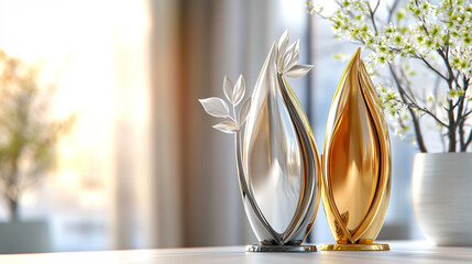 Three modern 3D trophy designs symbolizing victory achievement and excellence in gold silver and bronze for first second and third place with blurred empty space for text or captions on the side

