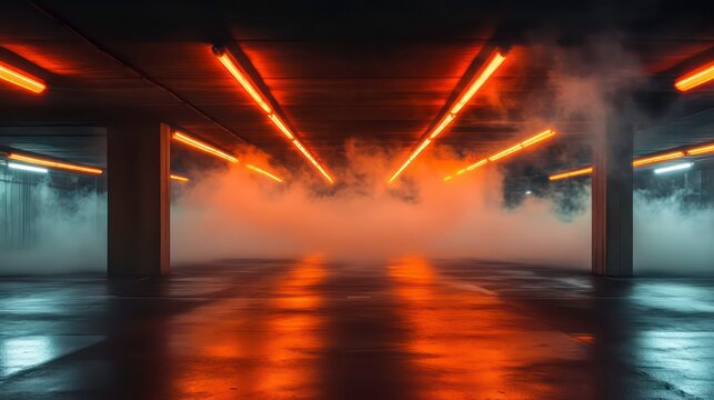 Dark, smoky parking garage with vibrant orange neon lights reflecting on wet floor.