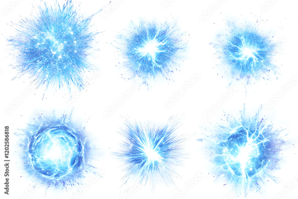 Poster realistic set of blue round sparking discharge isolated a white background