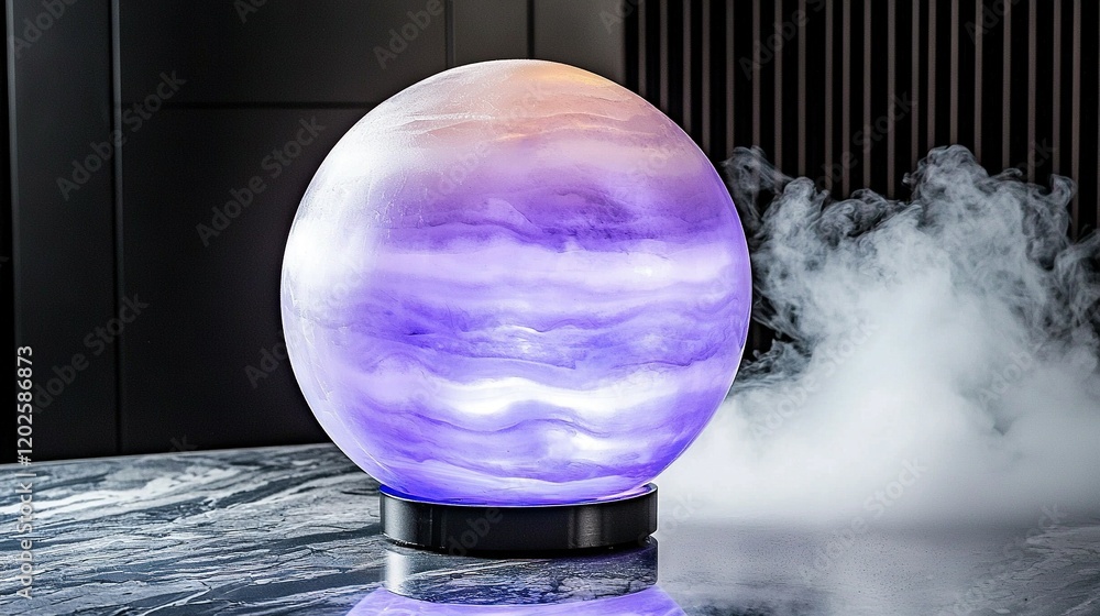 Poster a large egg with purple hue sits atop a table next to a hazy cloud and a dark backdrop