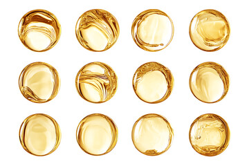 Set of round-shaped golden oil splashes isolated a white background