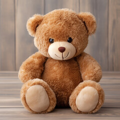 Obraz premium Cozy Brown Teddy Bear on Wooden Background - Perfect Gift for Kids and Collectors