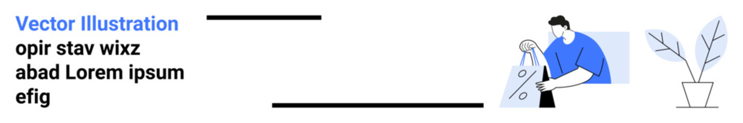 Individual loading a washing machine, wearing a blue shirt. To the right, a potted plant on a stand. Ideal for home chores, daily routines, sustainability, eco-friendly living, home appliances