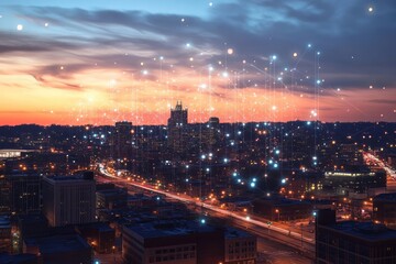 Fototapeta premium digital innovation concept glowing network connections over cityscape