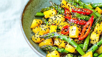   Close-up of a bowl of green veggies  on a white tablecloth