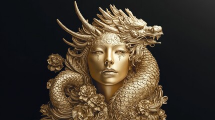A spectacular depiction of a woman's face combined with a golden dragon and floral elements, showcasing a remarkable interplay of elegance, fantasy, and intricate craftsmanship in art.