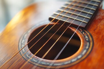 Obraz premium Closeup of an acoustic guitar with visible strings