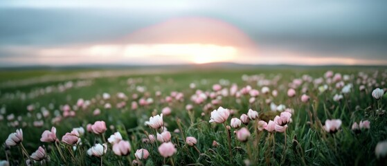 Fototapeta premium A field of delicate pink and white flowers stretches towards a pastel-colored horizon at sunset.