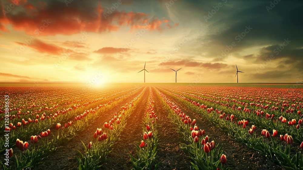 Poster a field of tulips and windmills with the sun setting behind the clouds in the sky
