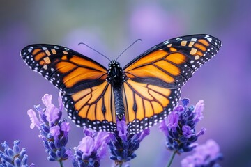 Naklejka premium Monarch butterfly perched on a lavender flower in a sunny field