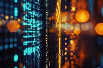 Close up of a glowing financial candlestick chart in a futuristic digital display with bokeh lights