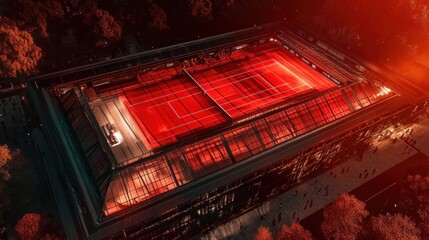 Obraz premium An aerial view of a lively tennis court bathed in vibrant red lights, evoking a sense of energy, competition, and the spirited atmosphere of outdoor sports.