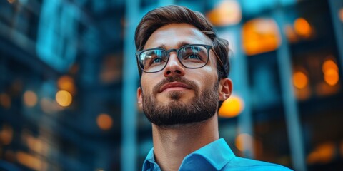 Obraz premium Urban portrait of a man in glasses with blurred neon lights