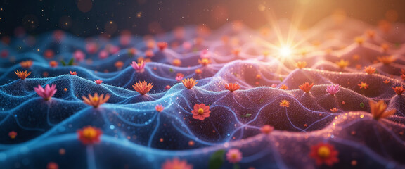 Ethereal floral landscape with vivid pink and blue waves conveying tranquility and unity among blooming flowers under a golden sunrise