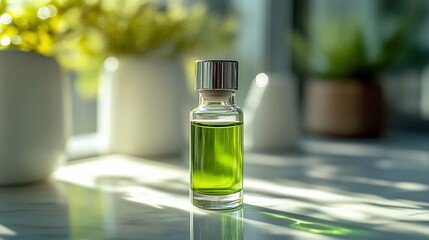 Green essential oil bottle on table, sunlight, plants. Wellness product photo