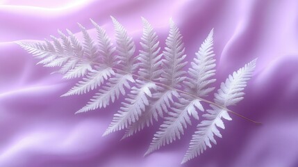 A delicate white fern resting on soft lavender fabric, creating a serene and calming composition.