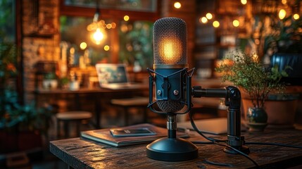 Podcast recording, microphone, cafe, evening, ambiance