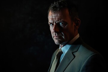 Obraz premium emotional portrait of stressed businessman in dark moody lighting