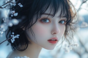 Fototapeta premium Closeup portrait of a young woman with delicate floral face art