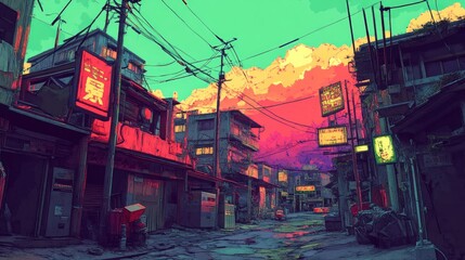 Vibrant Asian Alleyway at Sunset