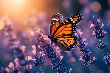 Closeup of monarch butterfly on purple flowers