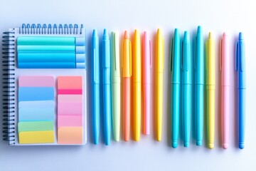 Obraz premium Colorful stationery arranged neatly on white background
