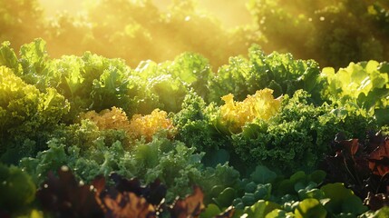Sunlit Rows of Kale and Lettuce at Golden Hour in a Garden field