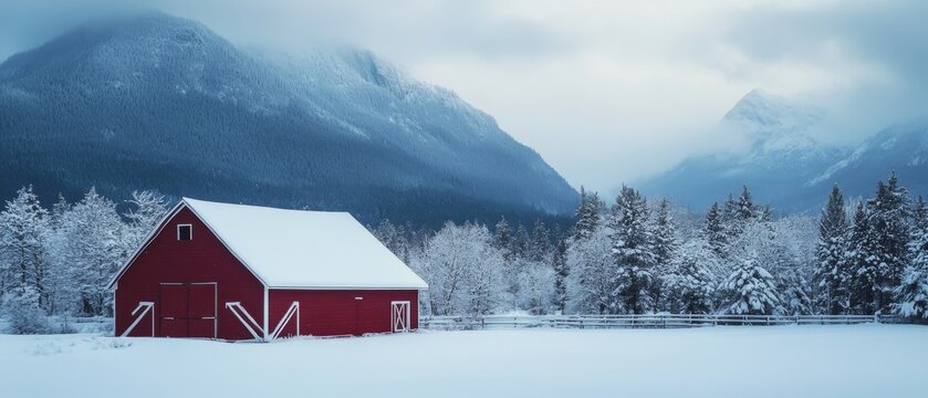 A solitary red barn stands amid a snowy landscape of evergreens, creating a vivid contrast against the misty mountains.